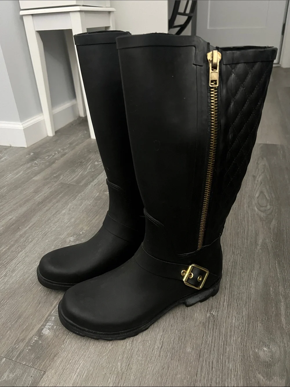 Steve Madden Black Quilted Tall Rain Boots with Gold Zip